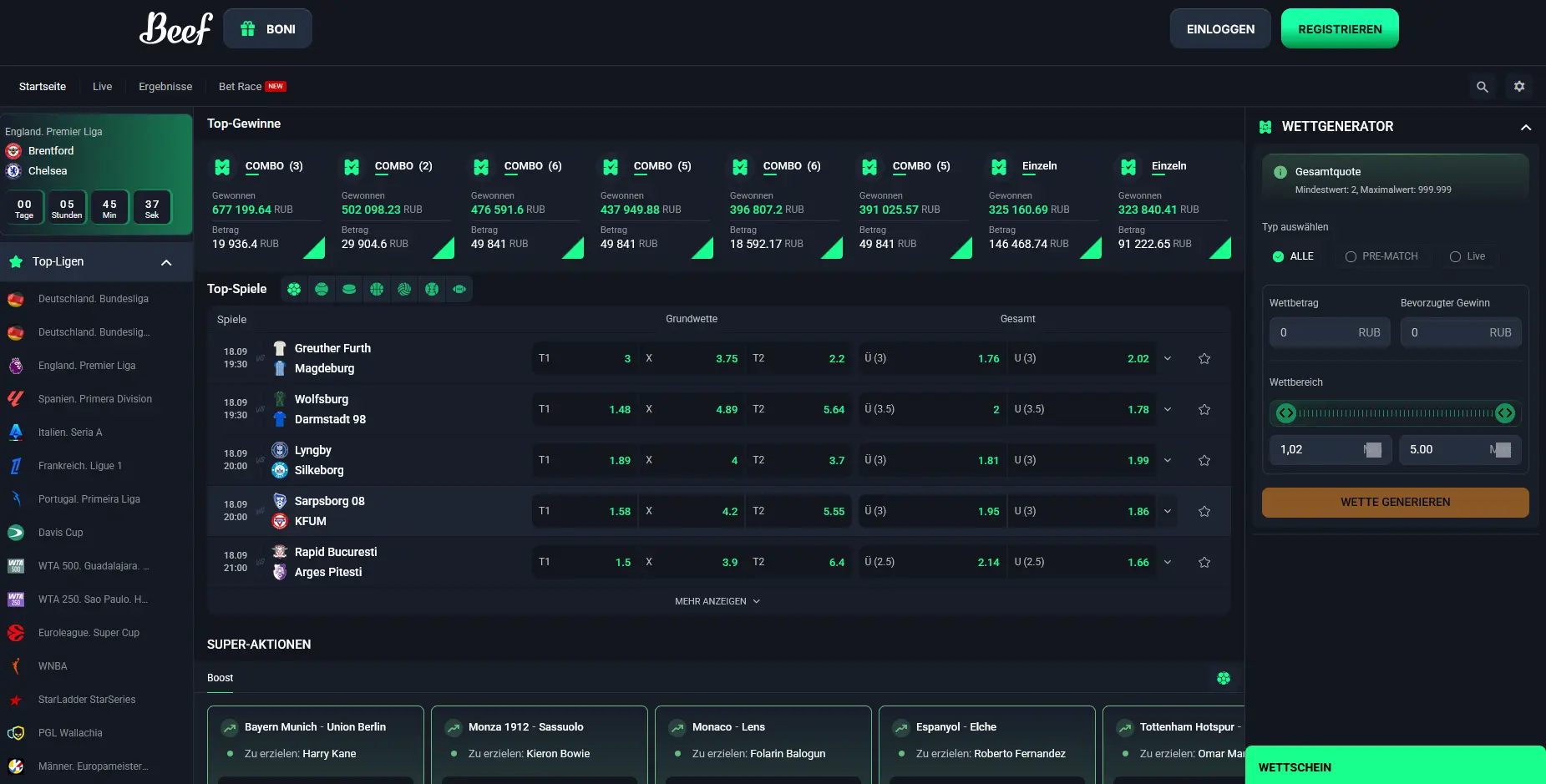 Beef Casino Sportwetten auf Bundesliga und Champions League